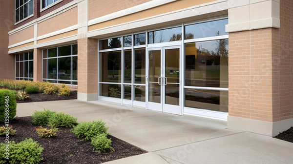Fototapeta Insurance office exterior with glass windows showcasing modern architecture, reflecting professionalism and transparency in financial services and client trust
