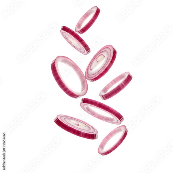 Fototapeta Floating Red Onion Slices Isolated on White Background

