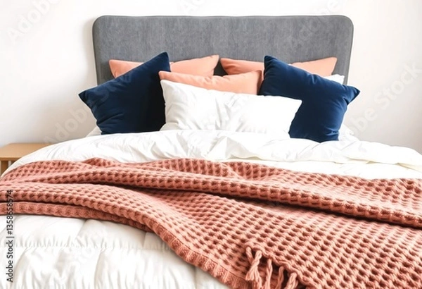 Obraz Cozy and stylish bedroom with a soft textured throw. A comfortable bedroom setting featuring a bed with a warm inviting throw blanket