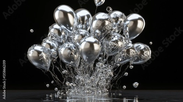Fototapeta Exploding silver balloons in water