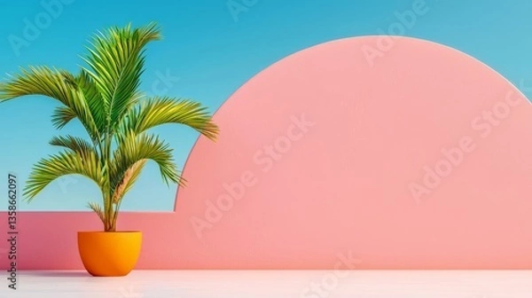 Fototapeta Vibrant Pink and Orange Minimalist Scene with Palm Tree