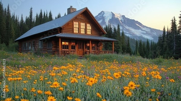 Fototapeta A Rustic Log Cabin in a Mountain Meadow Landscape Setting