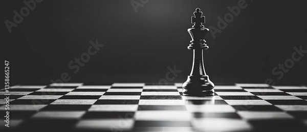 Fototapeta Black and white image of a chessboard with a king piece standing tall, leadership and strategy concept, deep shadows, cinematic lighting, isolated black background