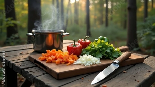 Fototapeta Rustic Chopping Board with Vegetables and Steaming Pot Forest