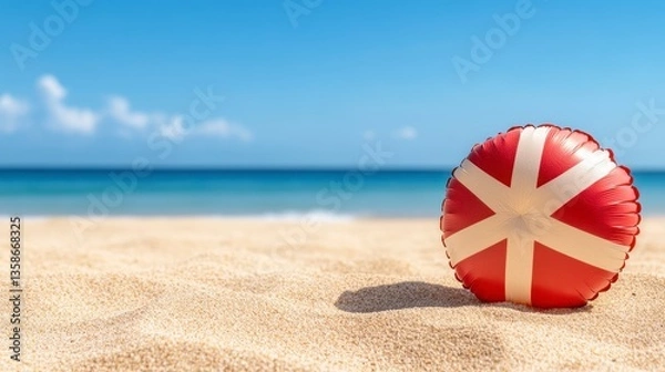 Fototapeta Red and White Beach Ball on Sandy Shore under Bright Sunny Sky