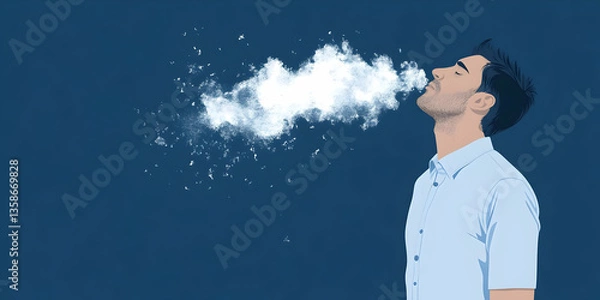 Fototapeta A stylized illustration of a man exhaling a large plume of vapor or smoke against a dark blue backdrop. The image's simplicity and clean lines create a striking visual