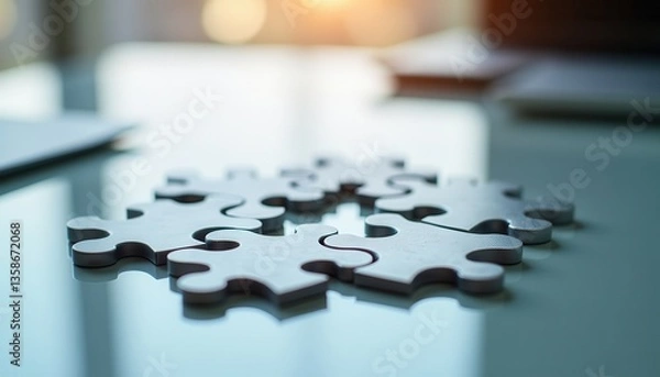 Fototapeta Metallic Puzzle Pieces Interconnected on Reflective Surface