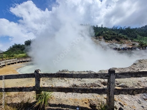 Fototapeta view of Sikidang Dieng crater from the wooden path beside it.  this crater still active, so its active volcano