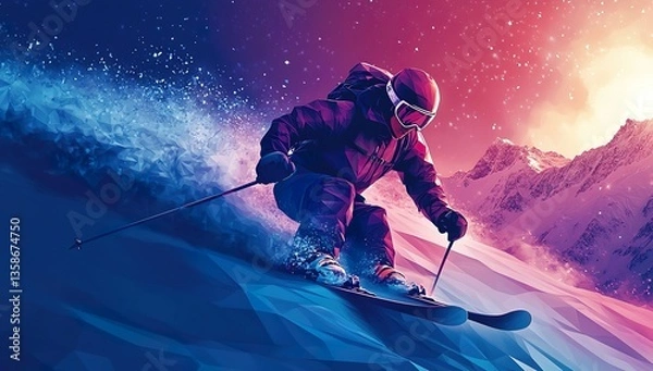 Fototapeta Full-body skier in low-poly art style on dark background, vector illustration crafted in Adobe Illustrator, featuring flat design, poster-style graphics with vibrant color splashes, high contrast,