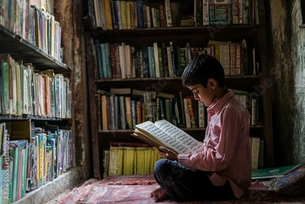 Fototapeta A boy in a small study room reads the Quran aloud, his voice echoing softly. A bookshelf filled with Islamic books stands behind him