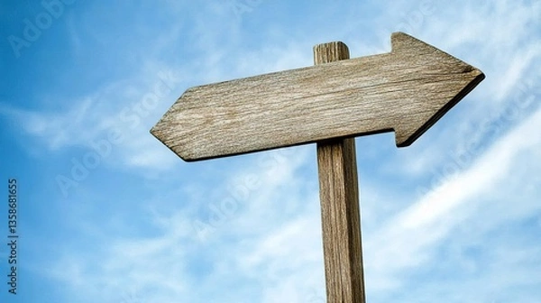 Fototapeta Wooden Arrow Signpost Against Gradient Sky, Symbolizing Direction and Simplicity
