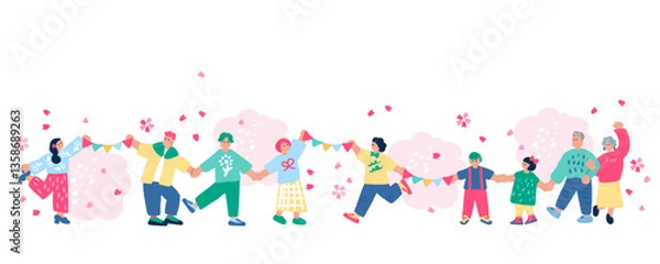 Fototapeta 春を楽しむ人々のポップでカラフルな手書きのイラスト
