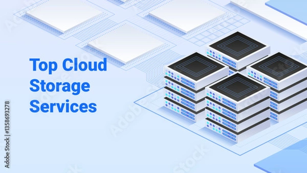 Fototapeta Top Cloud Storage Services. Vector isometric illustration of a data center with interconnected server stacks. Abstract circuit-like lines emphasize connectivity and digital infrastructure