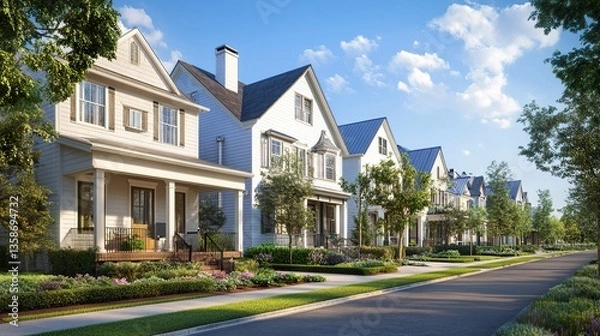 Fototapeta Charming row houses with varied architectural details clean sidewalks in front lush greenery framing the homes classic suburban appeal. 