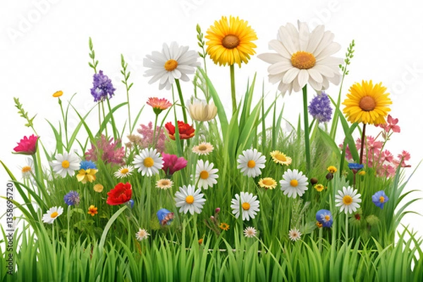 Obraz 3d render of spring flowers in the grass isolated on white background. Generative AI