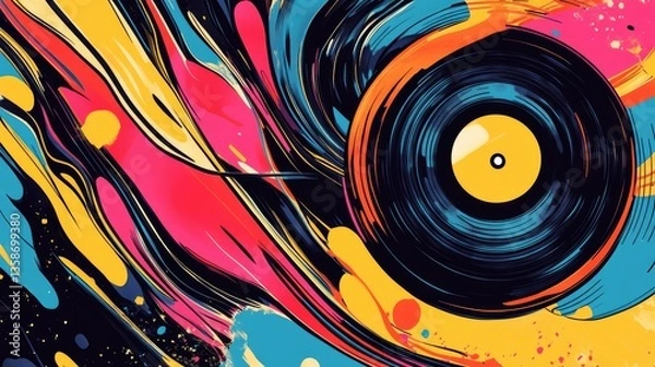 Fototapeta Abstract design featuring a vinyl record at the center surrounded by dynamic splashes of bright colors, creating an energetic visual impact