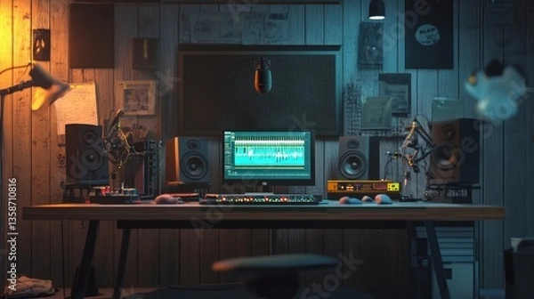 Fototapeta Broadcasting workspace, premium studio microphone with pop filter, professional over-ear headphones, industrial studio aesthetic, precise technical equipment composition