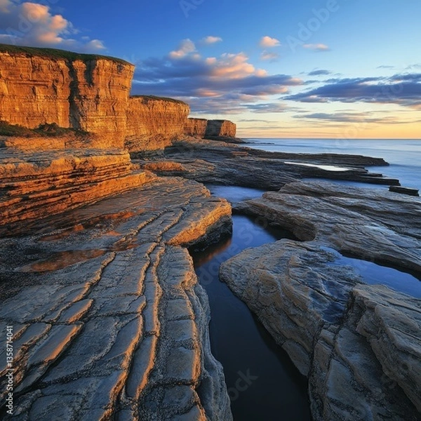 Fototapeta Majestic Coastal Landscape at Sunset with Rocky Shoreline and Dramatic Cliffs Bathed in Warm Golden Light and Soft Evening Clouds Over Serene Ocean Waves