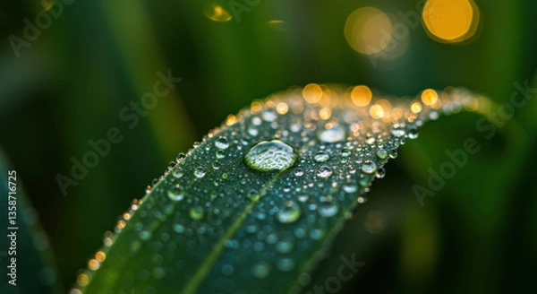 Fototapeta The morning dew glistens on a vibrant green leaf, creating a mesmerizing macro scene.