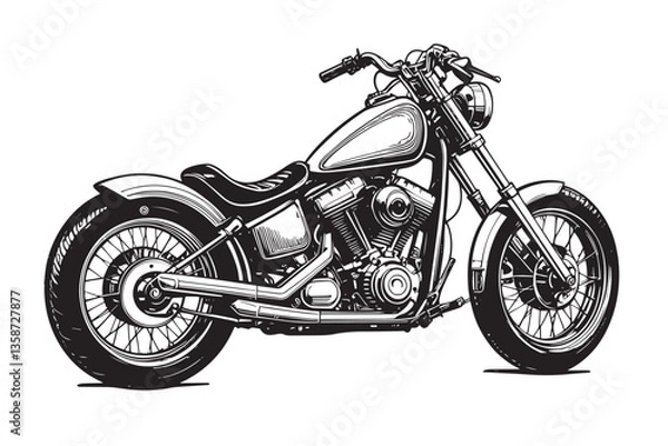 Fototapeta minimal small linocut of an chopper motor custom, black and white, vector, white background