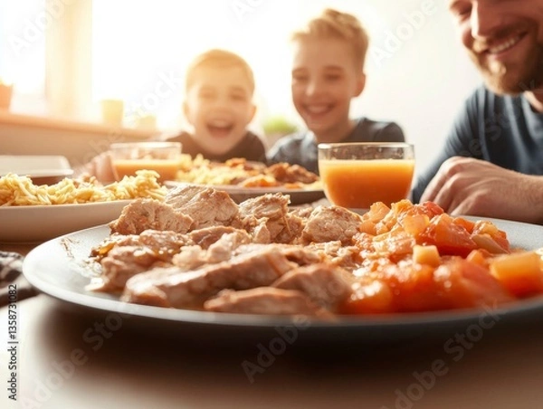 Fototapeta A man and child joyfully sharing a meal together while enjoying leftover dishes with smiles and laughter