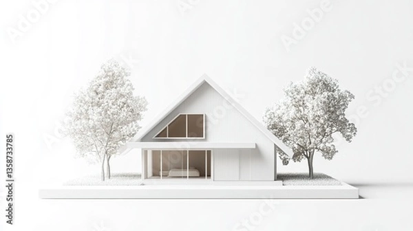 Fototapeta White model house smooth surfaces triangular roof and clean minimal design sharp focus isolated against bright white background. 