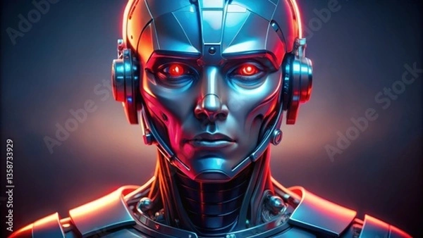 Fototapeta Close-up Portrait of a Futuristic Metal Android with Glowing Red Eyes and Headset