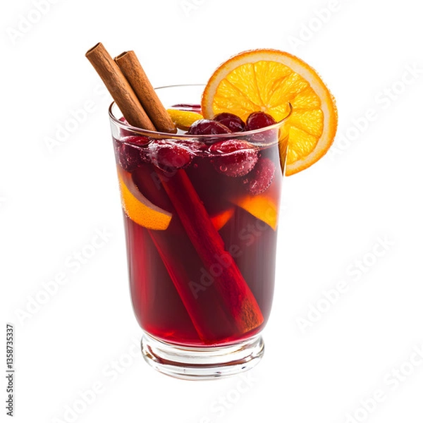 Fototapeta Glass of Cranberry Orange Mulled Sangria Isolated on Transparent Background