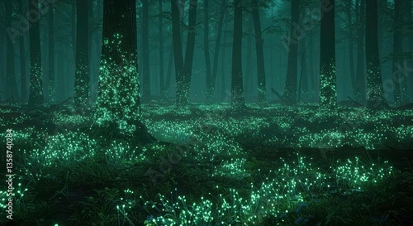 Obraz Enchanting Glowing Forest at Night Magical Luminescent Plants and Trees