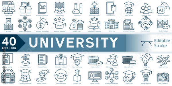 Fototapeta university icon set, simple line element university with editable stroke, university simple icon, higher education icon line style vector image