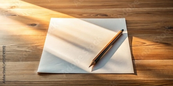 Fototapeta Blank sheet of paper and pencil resting on a wooden surface bathed in sunlight, ready for creative expression and thoughtful writing.