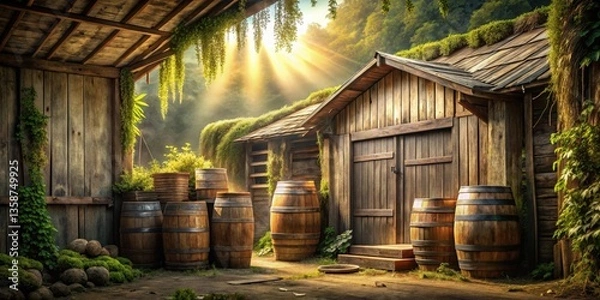 Obraz Rustic Wooden Storage Building with Sunbeams Streaming Through Lush Greenery and Several Wooden Barrels