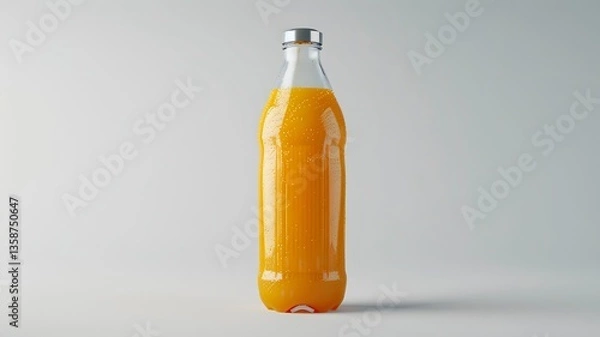 Obraz  A sleek orange juice bottle with vibrant juice inside, placed on a pure solid white background, showing sharp details and colors. 
