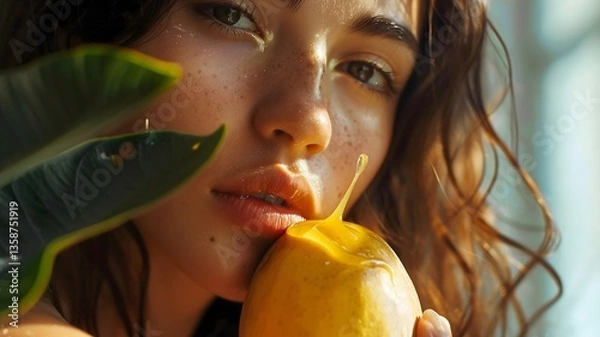 Obraz  Close-up of a beautiful girl holding a mango, a drop of mango juice about to fall into her mouth. 
