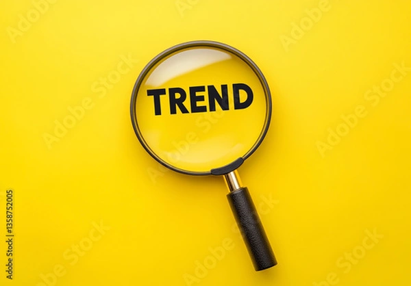 Obraz A magnifying glass with the word TRENDS written on it, against a yellow background