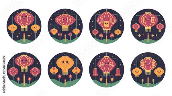 Fototapeta Cute lanterns, glowing in the night. A festive display.
