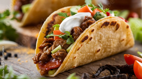 Obraz Close-up of a delicious-looking taco with seasoned meat toppings and a creamy sauce