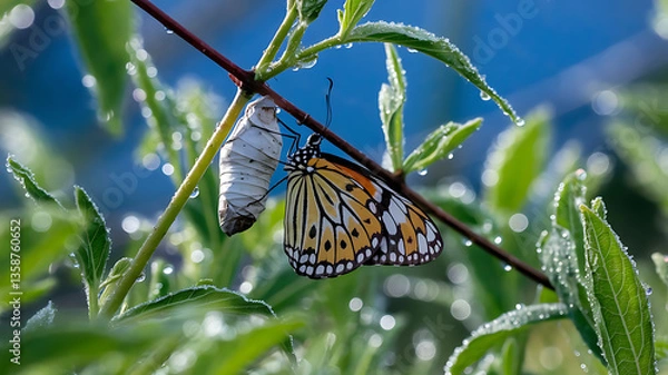 Obraz Emerging butterfly from chrysalis dew-kissed leaves