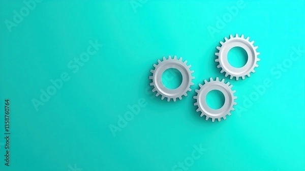 Fototapeta Three metallic gears on a vibrant turquoise background, symbolizing machinery, engineering, or technology concepts.