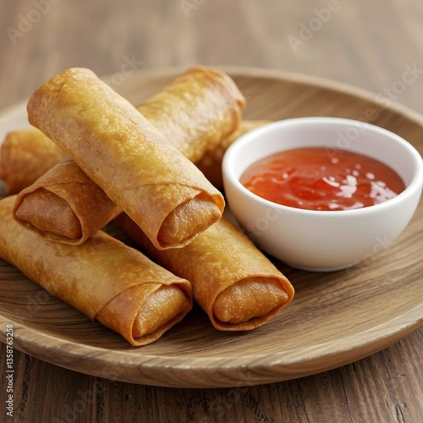 Obraz  golden crispy spring rolls placed on a wooden plate with a small bowl of sweet and sour dipping sauce.