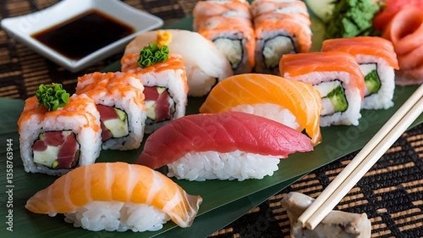 Obraz Assorted sushi rolls on a bed of green seaweed