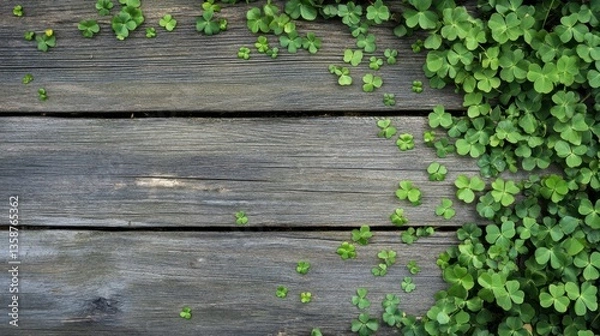 Obraz Natural wooden background with bright clovers scattered, simple festive decor