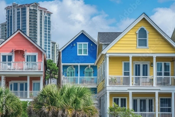 Fototapeta Brightly colored houses stand near the beach with a city skyline in background. Perfect for travel blogs or real estate promotions with a vibrant feel.