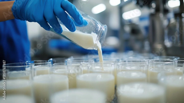Obraz Close-up of a laboratory worker in blue gloves pouring milk into glasses on a table with many glass cups filled with white milk