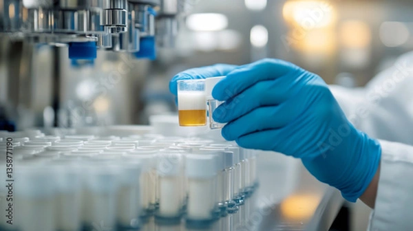 Obraz Female scientist's hands in blue gloves, holding a test tube with milk and blending it on the production line of a modern factory for loading milk into glass bottles