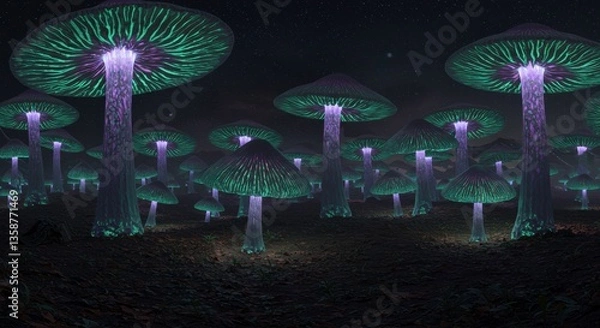 Fototapeta Enchanting Glowing Mushroom Forest at Night Fantasy Landscape 3D Render
