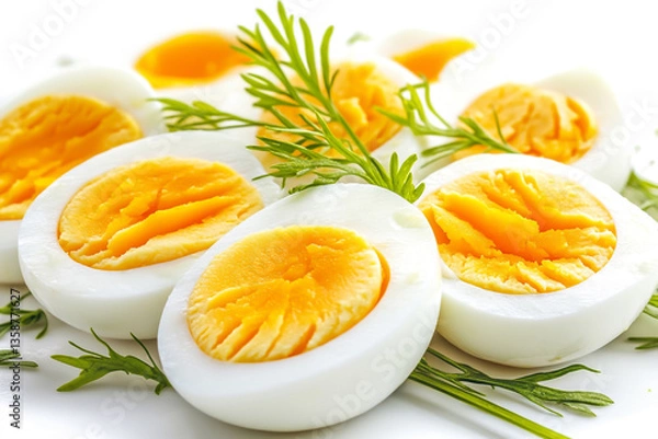 Obraz Sliced hard-boiled eggs isolated on a white background