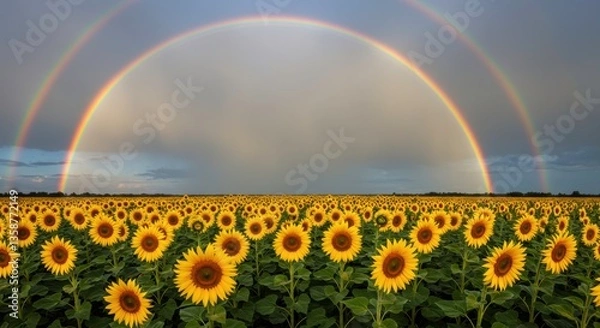 Fototapeta Double Rainbow Arcing Over a Vibrant Sunflower Field at Sunset