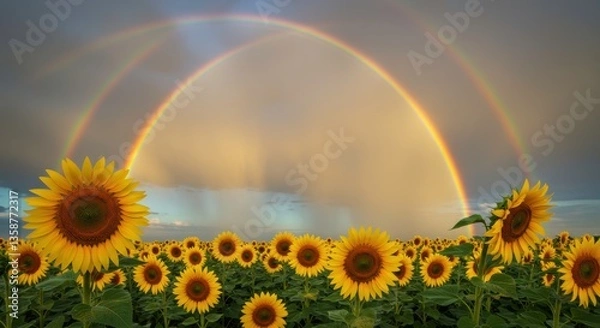 Fototapeta Stunning Double Rainbow Arcing Over a Vibrant Sunflower Field at Sunset