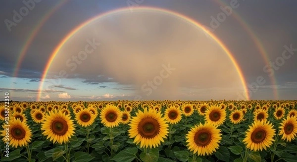 Fototapeta Double Rainbow Arcing Over a Vibrant Sunflower Field at Sunset